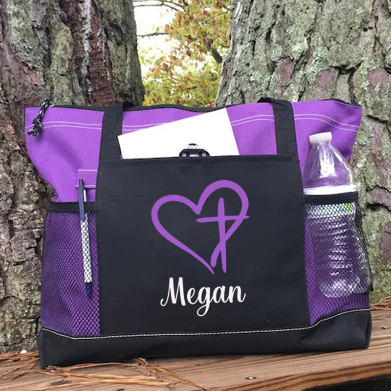 Personalized Religious Heart Cross Tote Bag