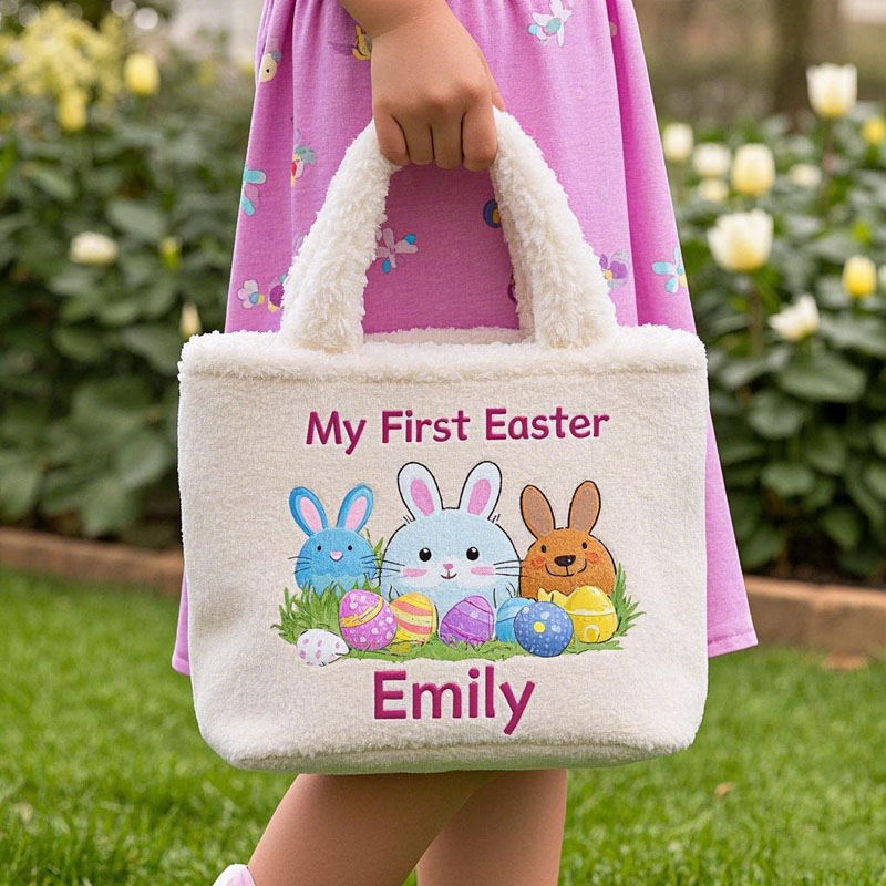Beige Plush Easter Handbag with Bunny Embroidery