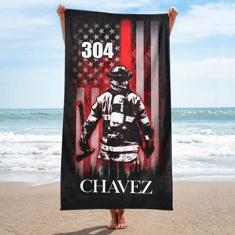 Firefighter Bunker Gear Personalized Beach Towel with Name and Badge Number