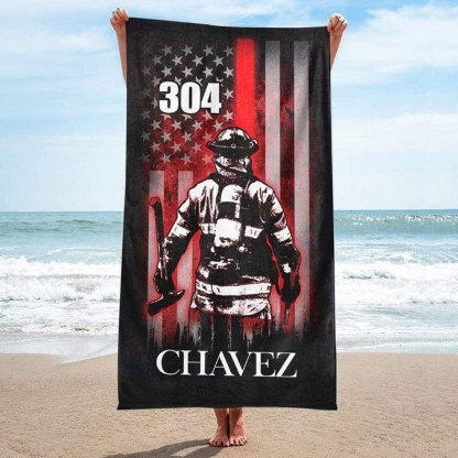Firefighter Bunker Gear Personalized Beach Towel with Name and Badge Number