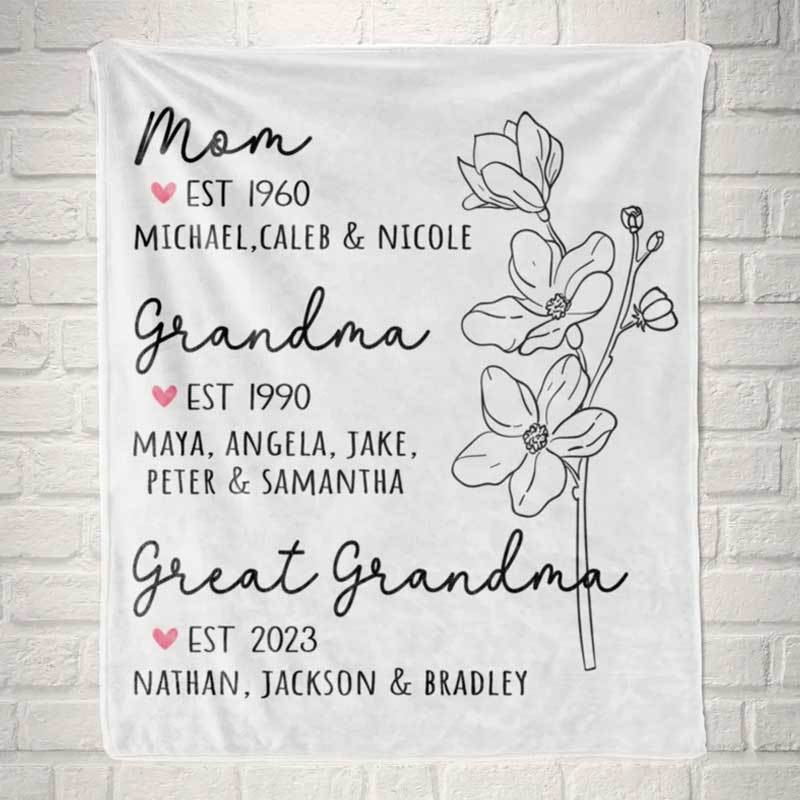 Great Grandma Blanket with Grandkid Names Grandparent Gift