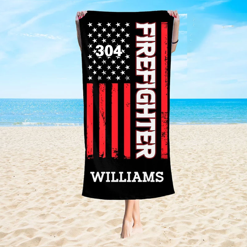 Firefighter Bunker Gear Personalized Beach Towel with Name and Badge Number