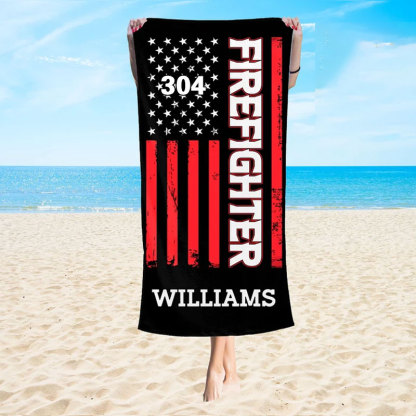 Firefighter Bunker Gear Personalized Beach Towel with Name and Badge Number