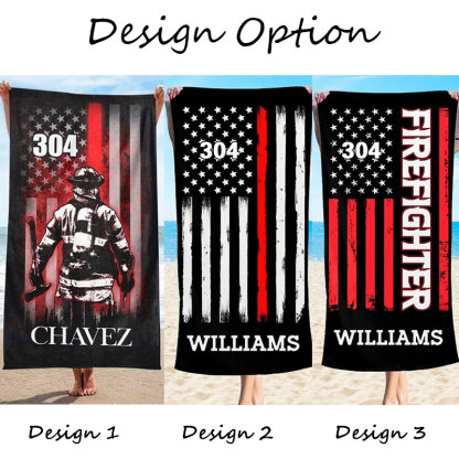 Firefighter Bunker Gear Personalized Beach Towel with Name and Badge Number