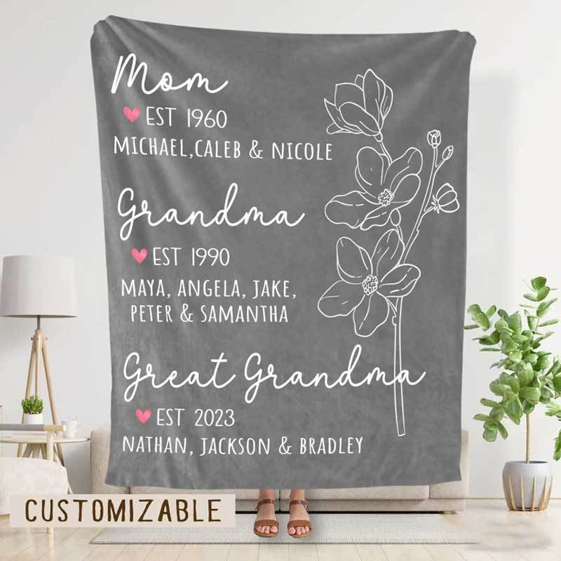 Great Grandma Blanket with Grandkid Names Grandparent Gift