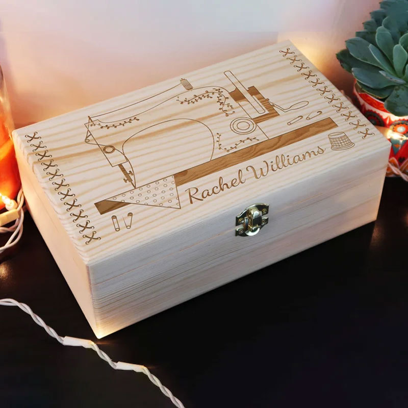 Personalized Engraved Sewing Machine Wooden Box