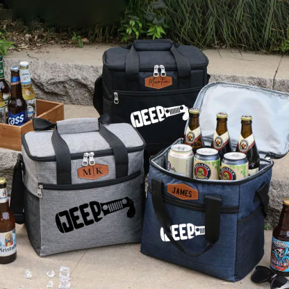 Jeep Lover Drink Cooler Bag with Personalized Engraved Leather Patch