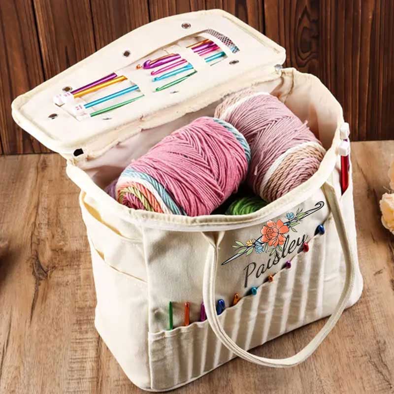 Cute Crochet Custom Canvas Crochet Bag, Gift For Knitter, Yarn Storage Organizer