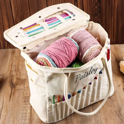 Personalization Canvas Crochet Bag, Gift For Knitter, Yarn Storage Organizer