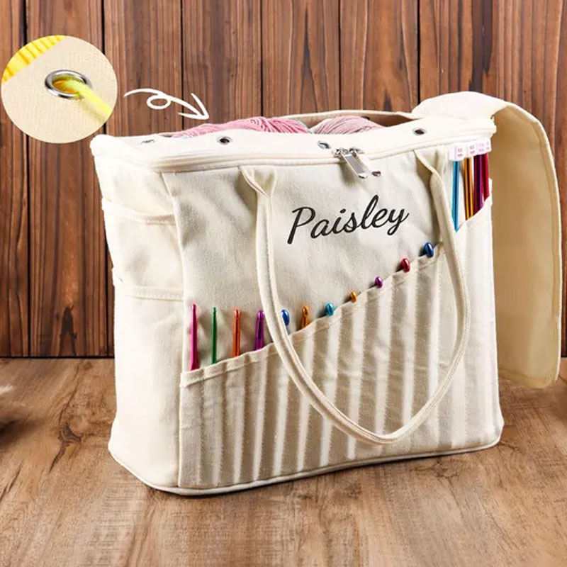 Personalization Canvas Crochet Bag, Gift For Knitter, Yarn Storage Organizer