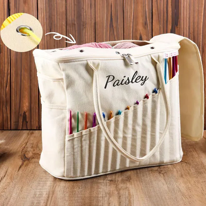 Personalization Canvas Crochet Bag, Gift For Knitter, Yarn Storage Organizer