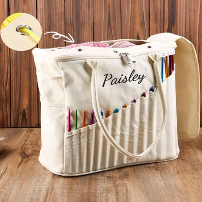 Personalization Canvas Crochet Bag, Gift For Knitter, Yarn Storage Organizer