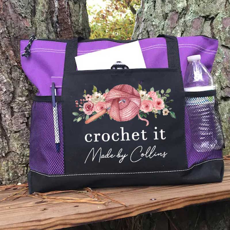 Personalized Crochet Knitting and Flower Tote Bag
