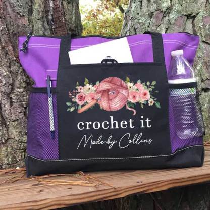 Personalized Crochet Knitting and Flower Tote Bag
