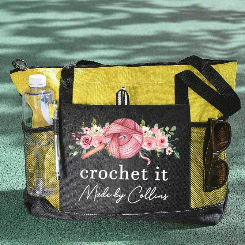Personalized Crochet Knitting and Flower Tote Bag