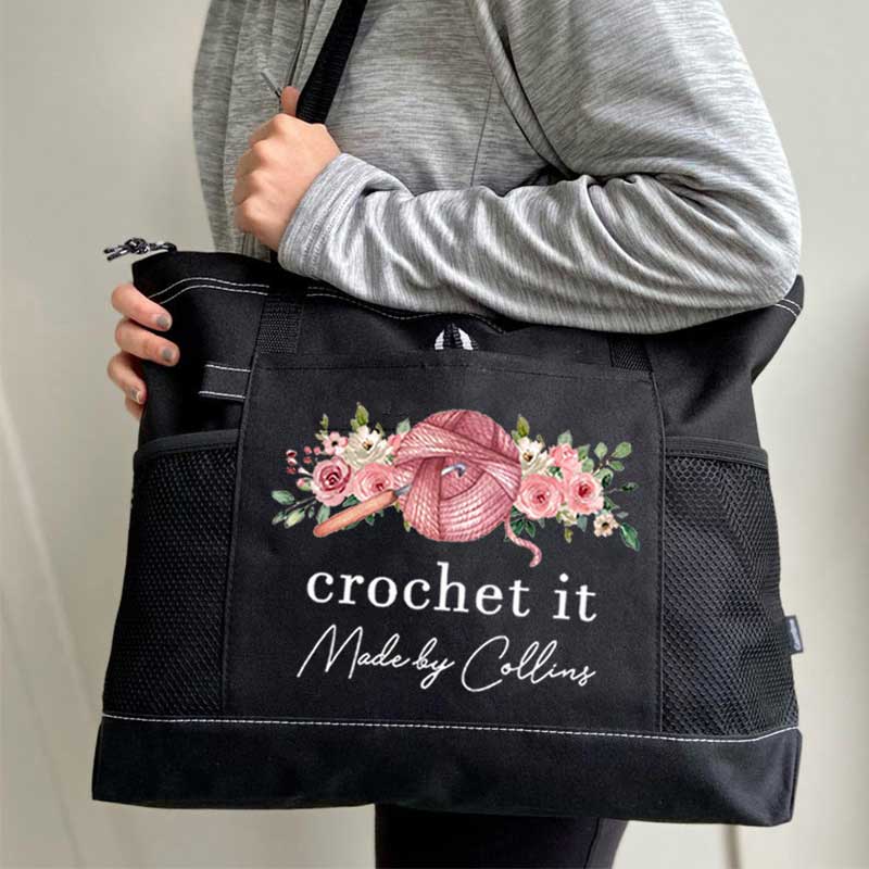 Personalized Crochet Knitting and Flower Tote Bag