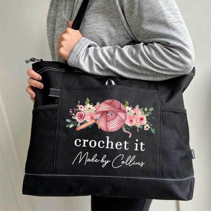Personalized Crochet Knitting and Flower Tote Bag
