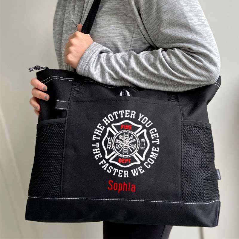 The Hotter You Get, The Faster We Come Maltese Cross Firefighter Custom Tote Bag