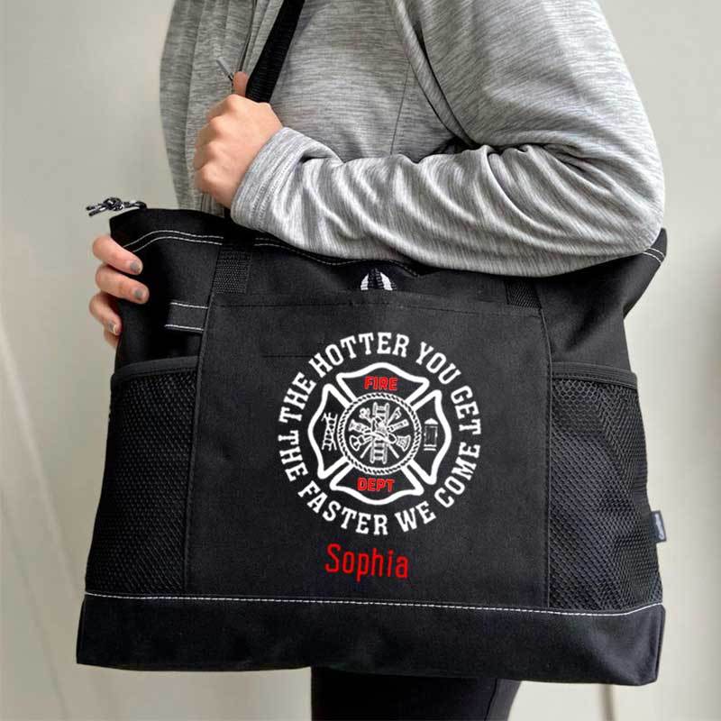 The Hotter You Get, The Faster We Come Maltese Cross Firefighter Custom Tote Bag