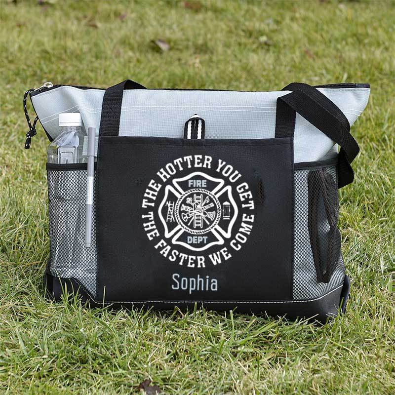 The Hotter You Get, The Faster We Come Maltese Cross Firefighter Custom Tote Bag