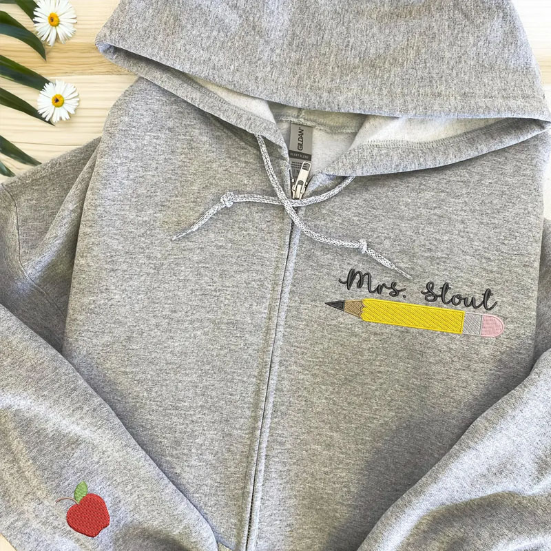 Custom Embroidered Teacher Name Pencil Zip Sweatshirt