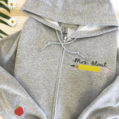 Custom Embroidered Teacher Name Pencil Zip Sweatshirt