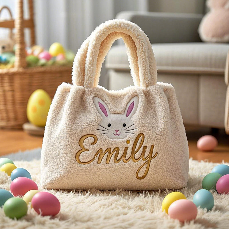 Embroidered Bunny Beige Plush Handbag
