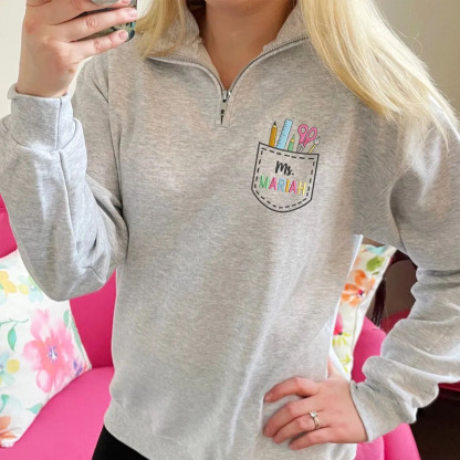 Embroidered Pocket Personalized Teacher Name Back To School Pullover Sweatshirt Jacket