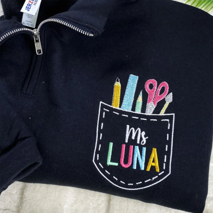 Embroidered Pocket Personalized Teacher Name Back To School Pullover Sweatshirt Jacket