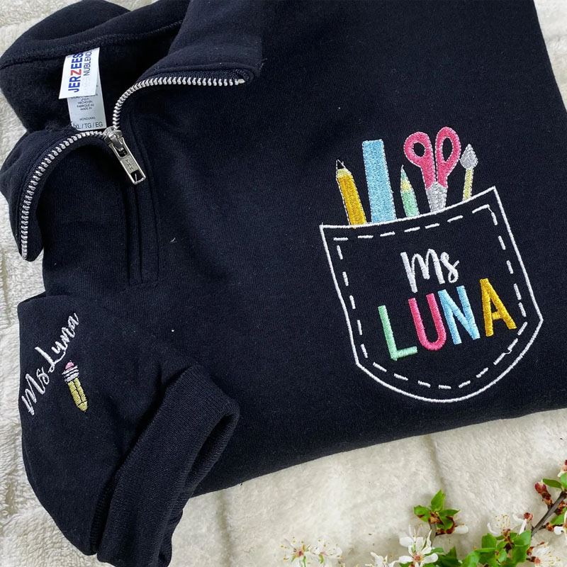 Embroidered Pocket Personalized Teacher Name Back To School Pullover Sweatshirt Jacket