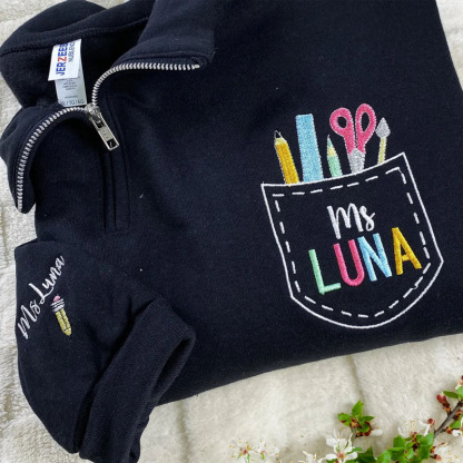 Embroidered Pocket Personalized Teacher Name Back To School Pullover Sweatshirt Jacket