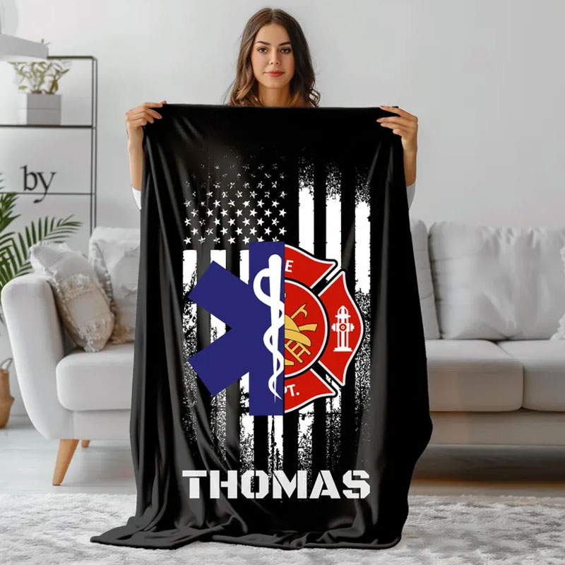 Personalized Firefighter EMS EMT Flag Blanket