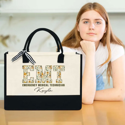 Boho Floral EMT Personalized Name Canvas Tote Bag