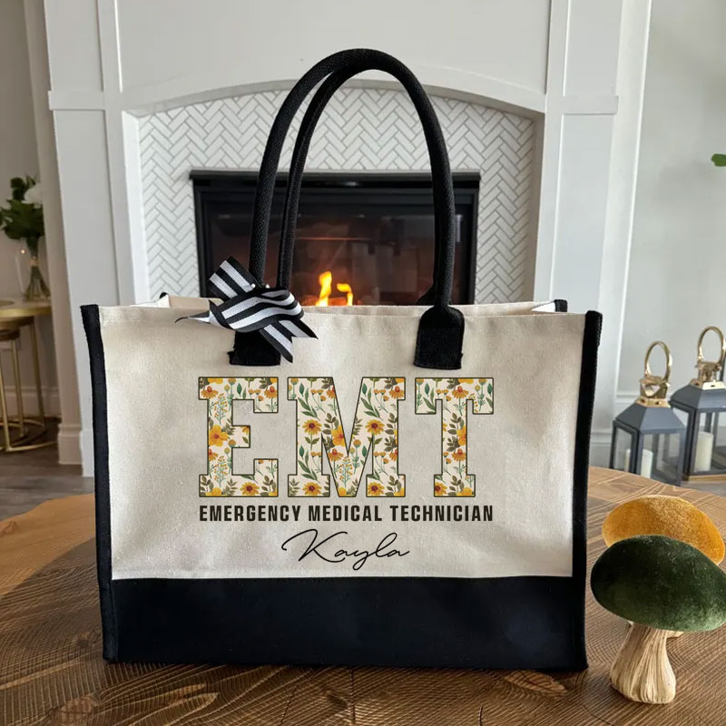 Boho Floral EMT Personalized Name Canvas Tote Bag