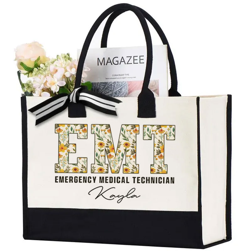 Boho Floral EMT Personalized Name Canvas Tote Bag