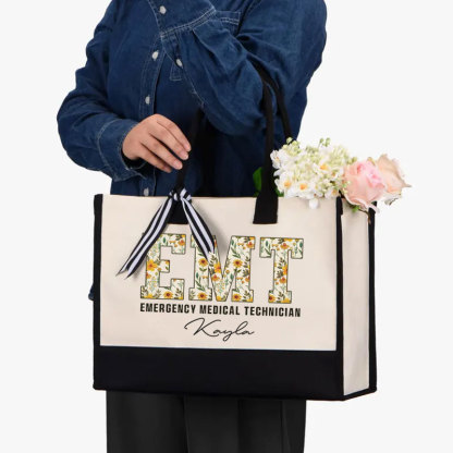 Boho Floral EMT Personalized Name Canvas Tote Bag