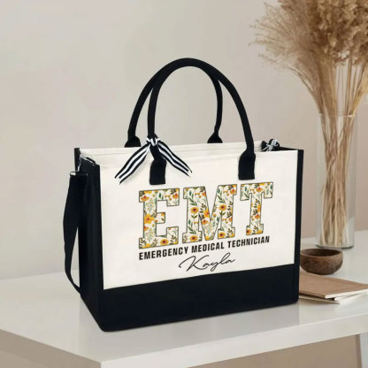 Boho Floral EMT Personalized Name Canvas Tote Bag