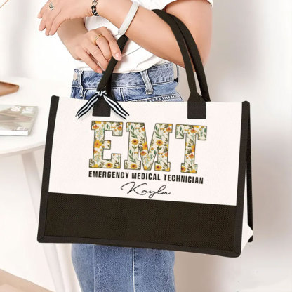 Boho Floral EMT Personalized Name Canvas Tote Bag