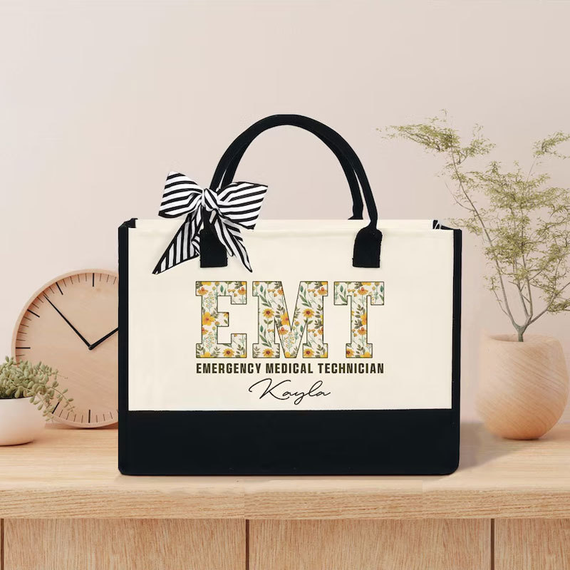 Boho Floral EMT Personalized Name Canvas Tote Bag