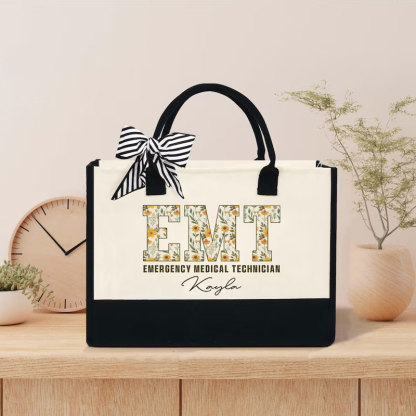 Boho Floral EMT Personalized Name Canvas Tote Bag