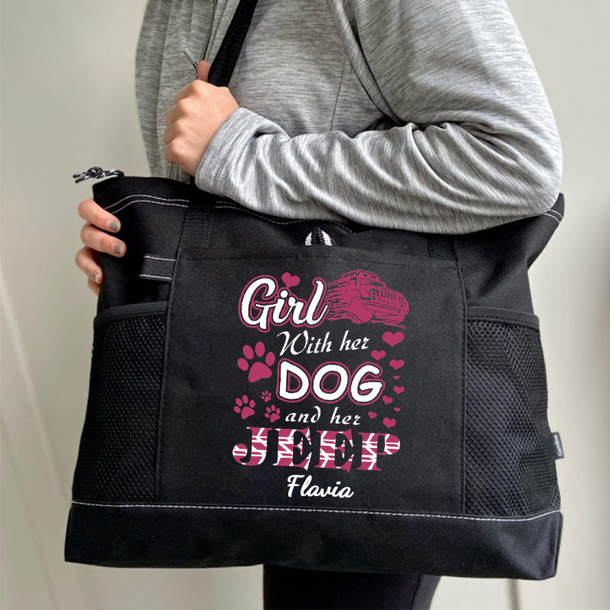 Girl With Her Dog And Her Jeep Tote Bag