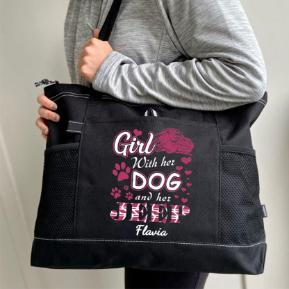 Girl With Her Dog And Her Jeep Tote Bag