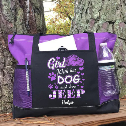 Girl With Her Dog And Her Jeep Tote Bag