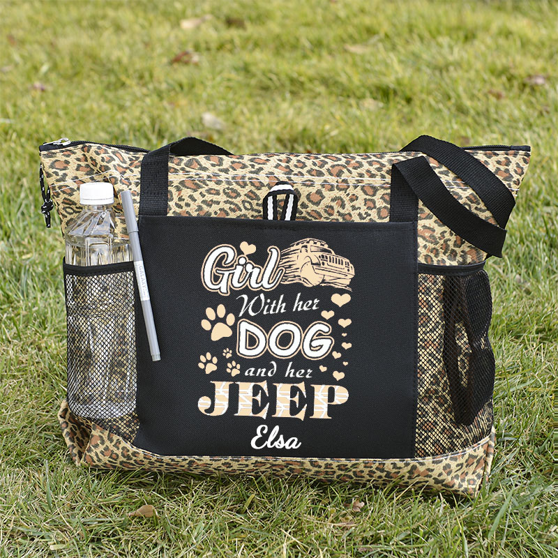 Girl With Her Dog And Her Jeep Tote Bag