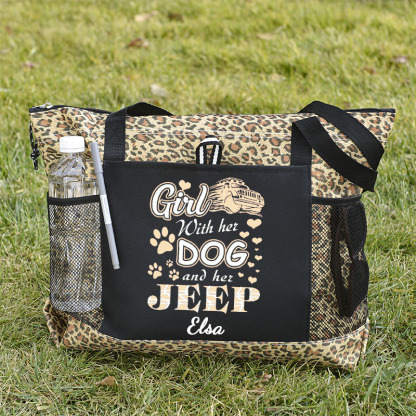 Girl With Her Dog And Her Jeep Tote Bag