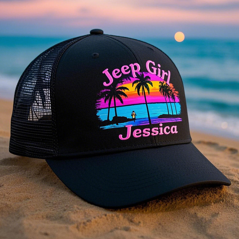 Jeep Girl beach scene Custom Mesh Hat