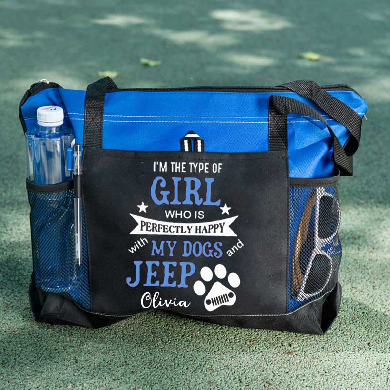 I am the Type of Girl who is Perfectly Happy with My Dogs and Jeep Custom Tote Bag