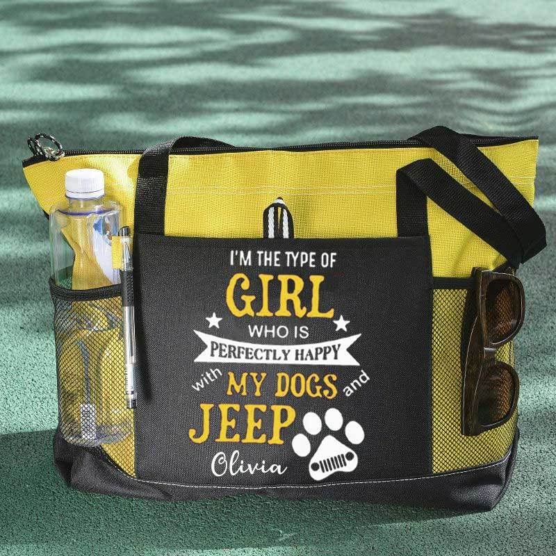 I am the Type of Girl who is Perfectly Happy with My Dogs and Jeep Custom Tote Bag