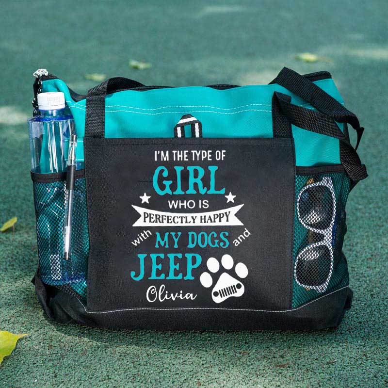 I am the Type of Girl who is Perfectly Happy with My Dogs and Jeep Custom Tote Bag