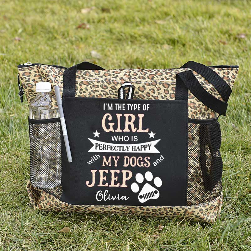 I am the Type of Girl who is Perfectly Happy with My Dogs and Jeep Custom Tote Bag